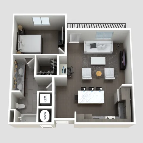 One-bedroom floor plan with built-in desk at The Lofts at City Center - 777 sq ft