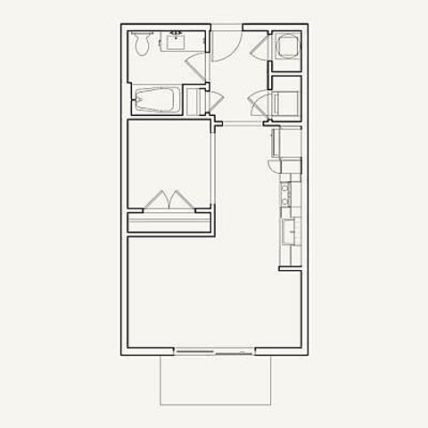 Cozy one-bedroom, one-bath layout at 523 square feet. Includes efficient living space, compact kitchen, and patio.