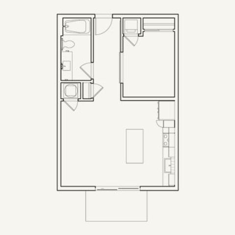 One-bedroom, one-bath floor plan at The Wade with 599 square feet. Features private patio, open living and kitchen area.