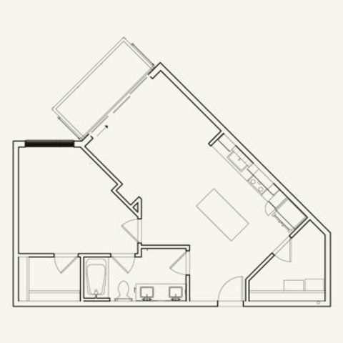 Spacious one-bedroom, one-bath floor plan at The Wade with 726 square feet. Includes large walk-in closet, in-unit laundry, balcony, and open living space.