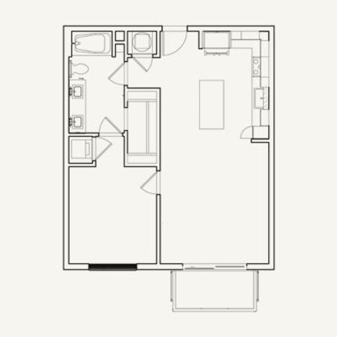Modern one-bedroom, one-bath layout with 708 square feet. Features an open-concept kitchen and living area, walk-in closet, and private balcony.