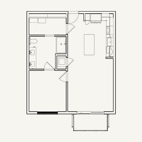 Accessible one-bedroom, one-bath layout with 714 square feet. Includes spacious living and kitchen areas, in-unit laundry, and private balcony.