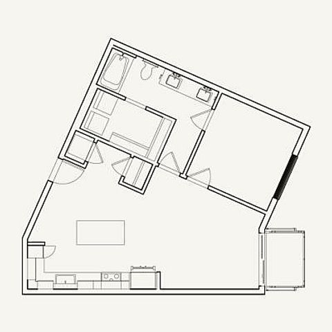 Contemporary one-bedroom, one-bath floor plan with 726 square feet. Open kitchen layout, walk-in closet with laundry, and balcony access.