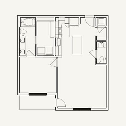 Premium one-bedroom, 1.5-bath layout at 797 square feet. Includes oversized living space, spacious kitchen, walk-in closet, and balcony.
