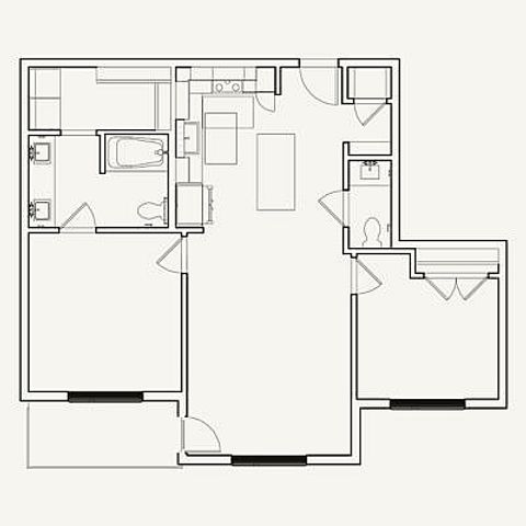 Two-bedroom, 1.5-bath floor plan with 910 square feet. Includes two large bedrooms, open-concept kitchen, in-unit laundry, and private balcony.