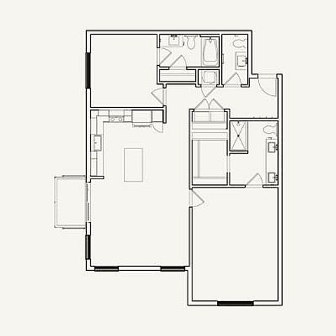Two-bedroom, 2.5-bath layout at 1,241 square feet. Includes oversized living area, dual bathrooms, and private balcony.