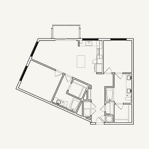 Two-bedroom, two-bath floor plan with 1,040 square feet. Features split bedrooms, two walk-in closets, and a balcony.