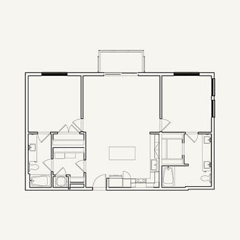 Two-bedroom, two-bath layout with 1,098 square feet. Spacious kitchen and living room, large closets, and a private balcony.