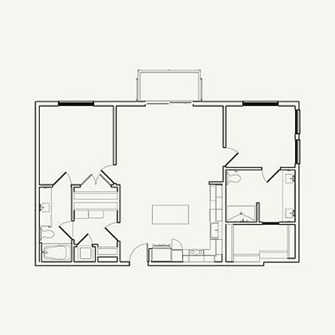 Accessible two-bedroom, two-bath layout at 1,098 square feet. Includes large kitchen, open living area, and accessible features throughout.