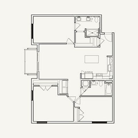 Three-bedroom, two-bath unit at 1,275 square feet. Includes expansive living and kitchen areas, multiple closets, and a balcony.