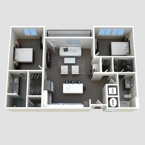 The Mural two-bedroom apartment layout at The Lofts at City Center - 1,103 sq ft