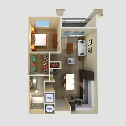 One-bedroom 3D floor plan at The Lofts at City Center with walk-in closet and private balcony