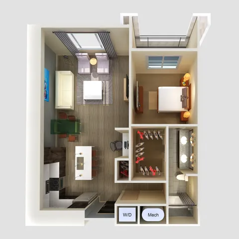 One-bedroom 3D floor plan at The Lofts at City Center with built-in desk and open living area