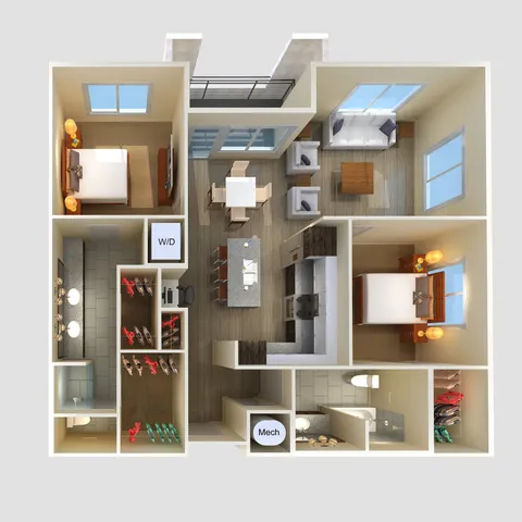 wo-bedroom 3D floor plan at The Lofts at City Center with dual closets and spacious living area