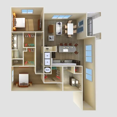 Two-bedroom 3D floor plan at The Lofts at City Center with multiple balconies and open layout