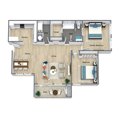The Saratoga floor plan: 2 bedroom, 1 bathroom, 1051 sq ft apartment at Saddlewood Apartments in Olathe KS