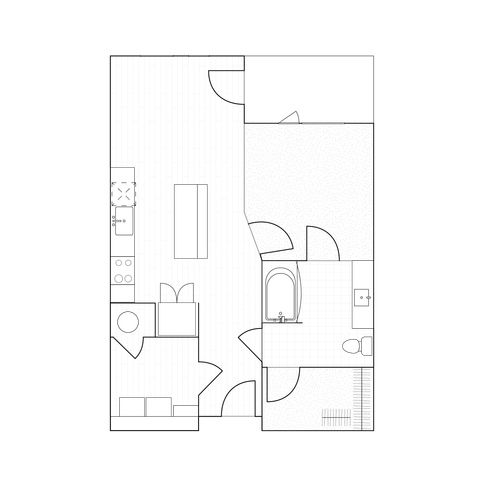2D drawing of a 741 sq ft one-bedroom home floor plan with a spacious living area, full kitchen, and ample storage.