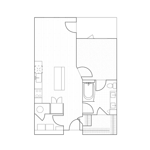 2D drawing of a 741 sq ft one-bedroom home floor plan with a spacious living area, full kitchen, and ample storage.