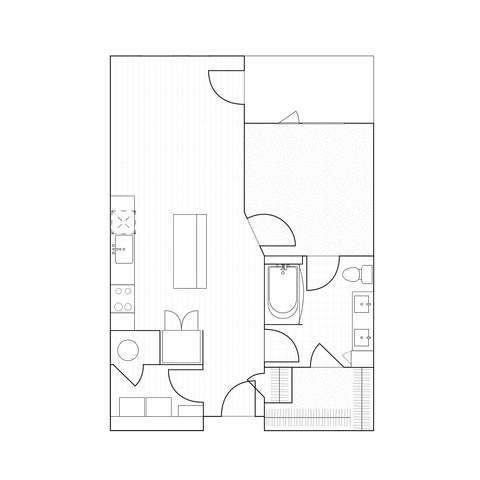 2D drawing of a 741 sq ft one-bedroom home floor plan with a spacious living area, full kitchen, and ample storage.