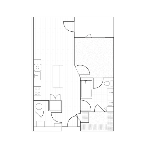 2D drawing of a 728 sq ft one-bedroom unit floor plan featuring modern fixtures and a fluid layout.