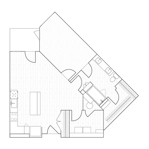 2D drawing of a 900 sq ft one-bedroom unit floor plan with a versatile living area and large windows.