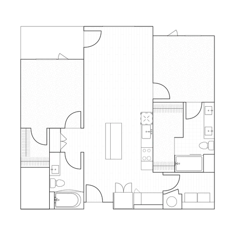 2D drawings of two-bedroom units ranging from 1084 to 1148 sq ft, mixing functionality and style with ample kitchen space and spacious outdoor patiosbalconies.