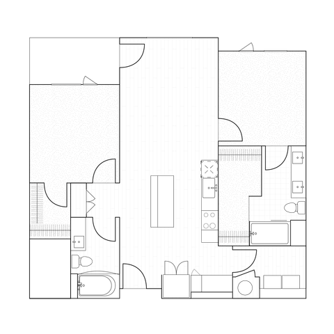 2D drawings of two-bedroom units ranging from 1084 to 1148 sq ft, mixing functionality and style with ample kitchen space and spacious outdoor patiosbalconies.