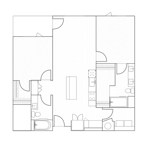 2D drawings of two-bedroom units ranging from 1084 to 1148 sq ft, mixing functionality and style with ample kitchen space and spacious outdoor patiosbalconies.