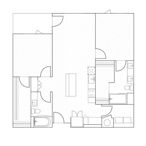 2D drawings of two-bedroom units ranging from 1084 to 1148 sq ft, mixing functionality and style with ample kitchen space and spacious outdoor patiosbalconies.