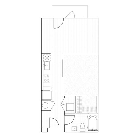 2D drawing of a 642 sq ft studio floor plan showing a balanced layout with a seamless flow from kitchen to living spaces.