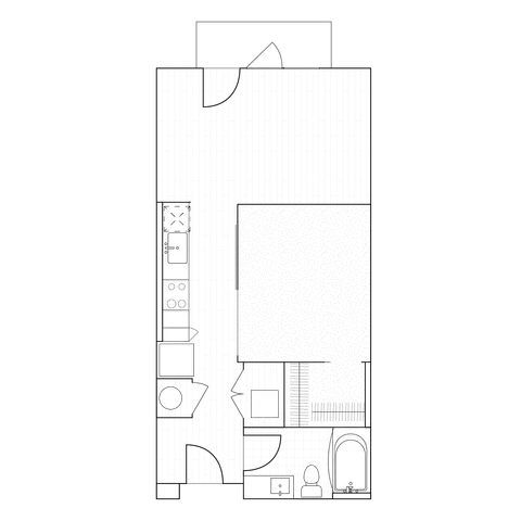 2D drawing of a 642 sq ft studio floor plan showing a balanced layout with a seamless flow from kitchen to living spaces.