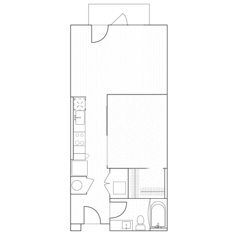 2D drawing of a 676 sq ft spacious studio floor plan with a sleek open layout that includes designated sleeping and living areas.