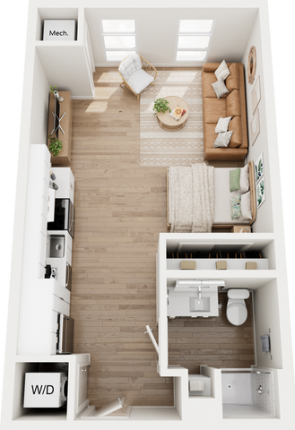 Modern studio apartment floor plan with open living area, kitchen, and bathroom.