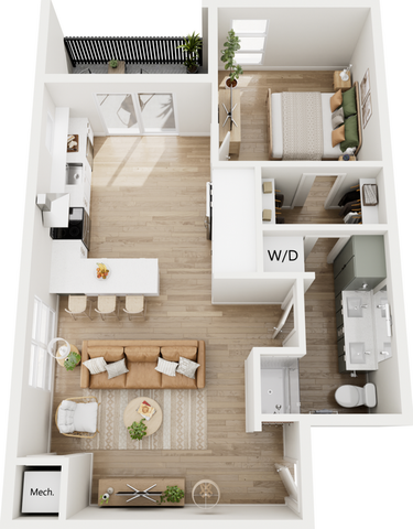 3D floor plan of an apartment featuring one bedroom, modern kitchen, cozy living area, and balcony.