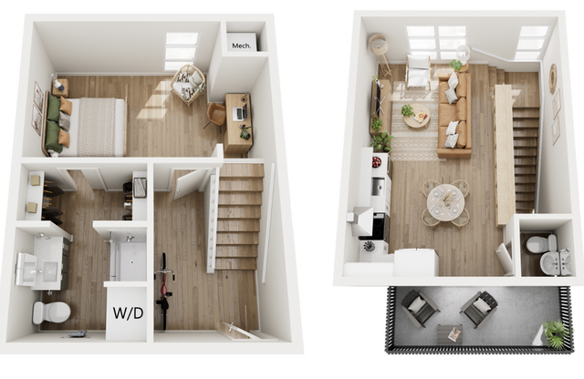 Two-story floor plan with a cozy bedroom, open-plan living, and a balcony retreat.