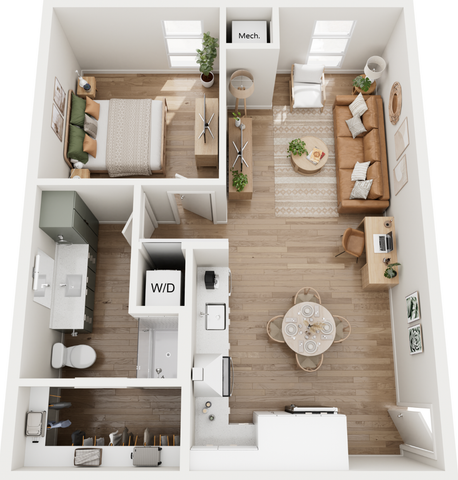 Charming 3D floor plan featuring one bedroom, an inviting living area, and a modern kitchen.