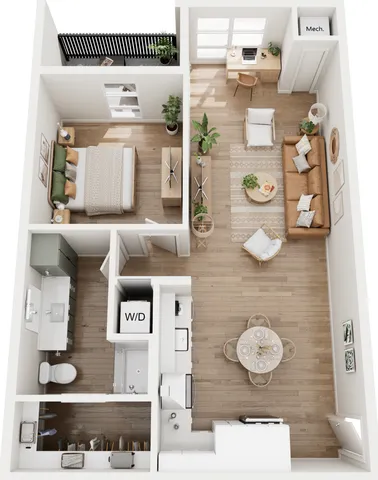 Stylish 2D floor plan showcasing a single-bedroom apartment with open living and dining areas.