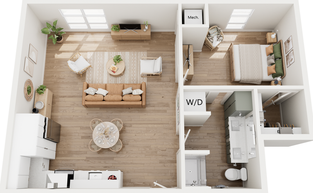 Modern apartment floor plan showcasing a cozy bedroom, open-concept living area, kitchen, and bathroom.