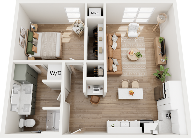 Stylish one-bedroom apartment floor plan with open-concept living area, modern kitchen, and cozy bedroom.