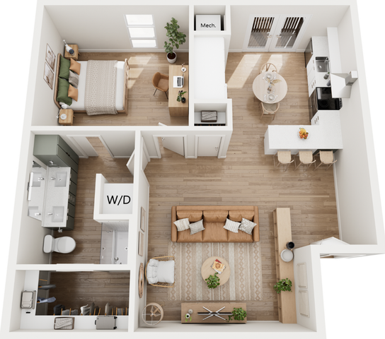 3D floor plan of a stylish one-bedroom apartment with open-concept kitchen and living area.
