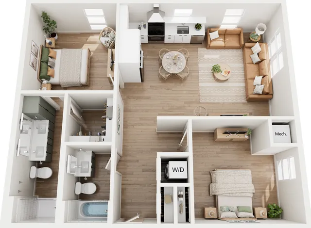 Chic 3D floor plan featuring two bedrooms, open living space, and modern kitchen.