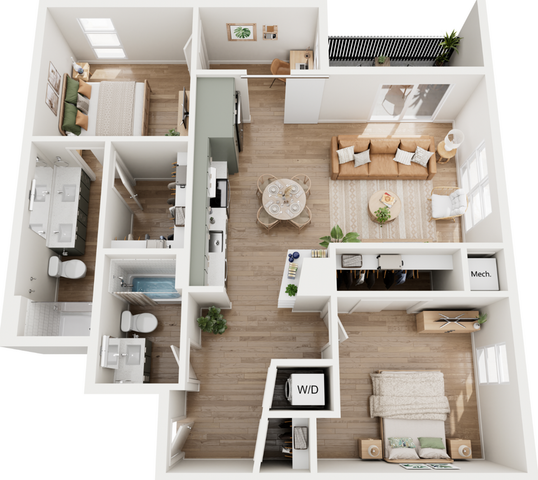 Stylish 3D floor plan featuring two bedrooms, an open living area, modern kitchen, and two bathrooms.