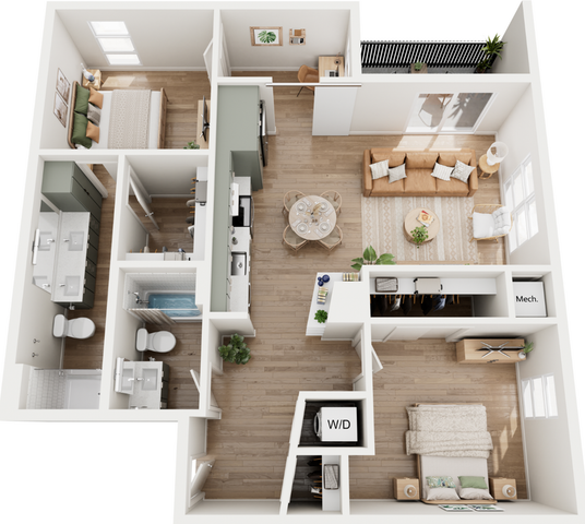Elegant 3D floor plan featuring 2 bedrooms, open-concept living and dining area, and a modern kitchen.