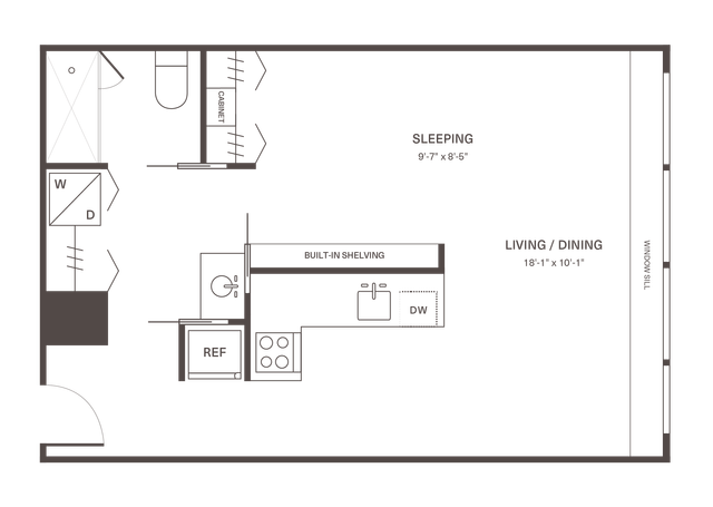Modern studio apartment floor plan featuring an open living and dining area, compact sleeping space, efficient kitchen with built-in shelving, and convenient laundry facilities.