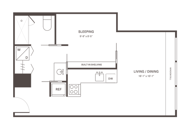 Modern studio apartment floor plan featuring a spacious living and dining area, efficient kitchen with built-in shelving, separate sleeping space, and convenient laundry facilities.