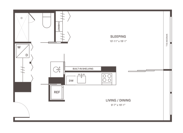 Modern studio apartment floor plan featuring an open living and dining area, a spacious sleeping zone, and a functional kitchen with built-in shelving.