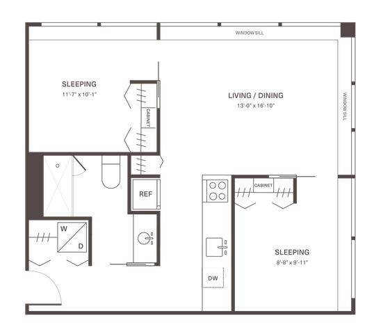 Modern floor plan showcasing a spacious living and dining area, two cozy sleeping quarters, sleek kitchen, and convenient bathroom layout.