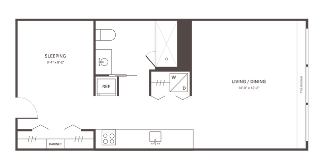 Modern apartment floor plan with a cozy sleeping area, open living/dining space, compact kitchen, and in-unit washer/dryer.
