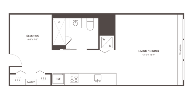 Chic studio apartment floor plan with a spacious living and dining area, compact sleeping quarters, and modern kitchen amenities.