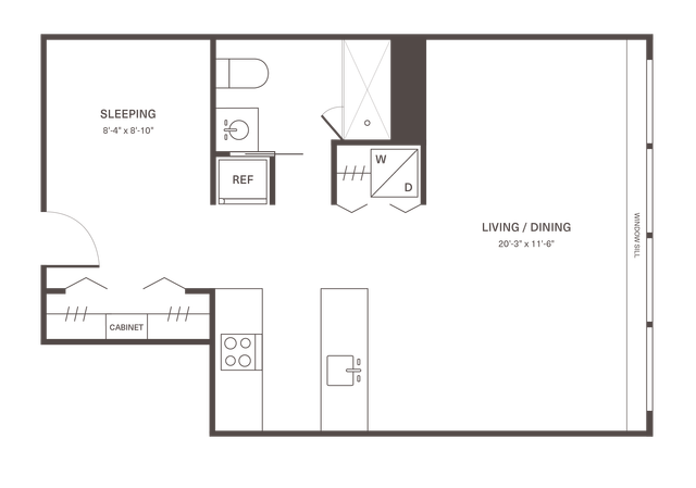 Modern studio apartment floor plan with a cozy sleeping area, well-appointed kitchen, and spacious living/dining space, ideal for stylish urban living.